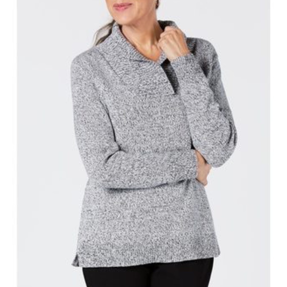 Karen Scott Marled Women's Gray Cotton Long Sleeve Shawl-Collar Sweater Size Plu